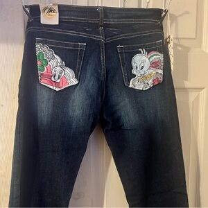 Stylish dark blue boot cut jeans with twenty bird character on the back pockets.
